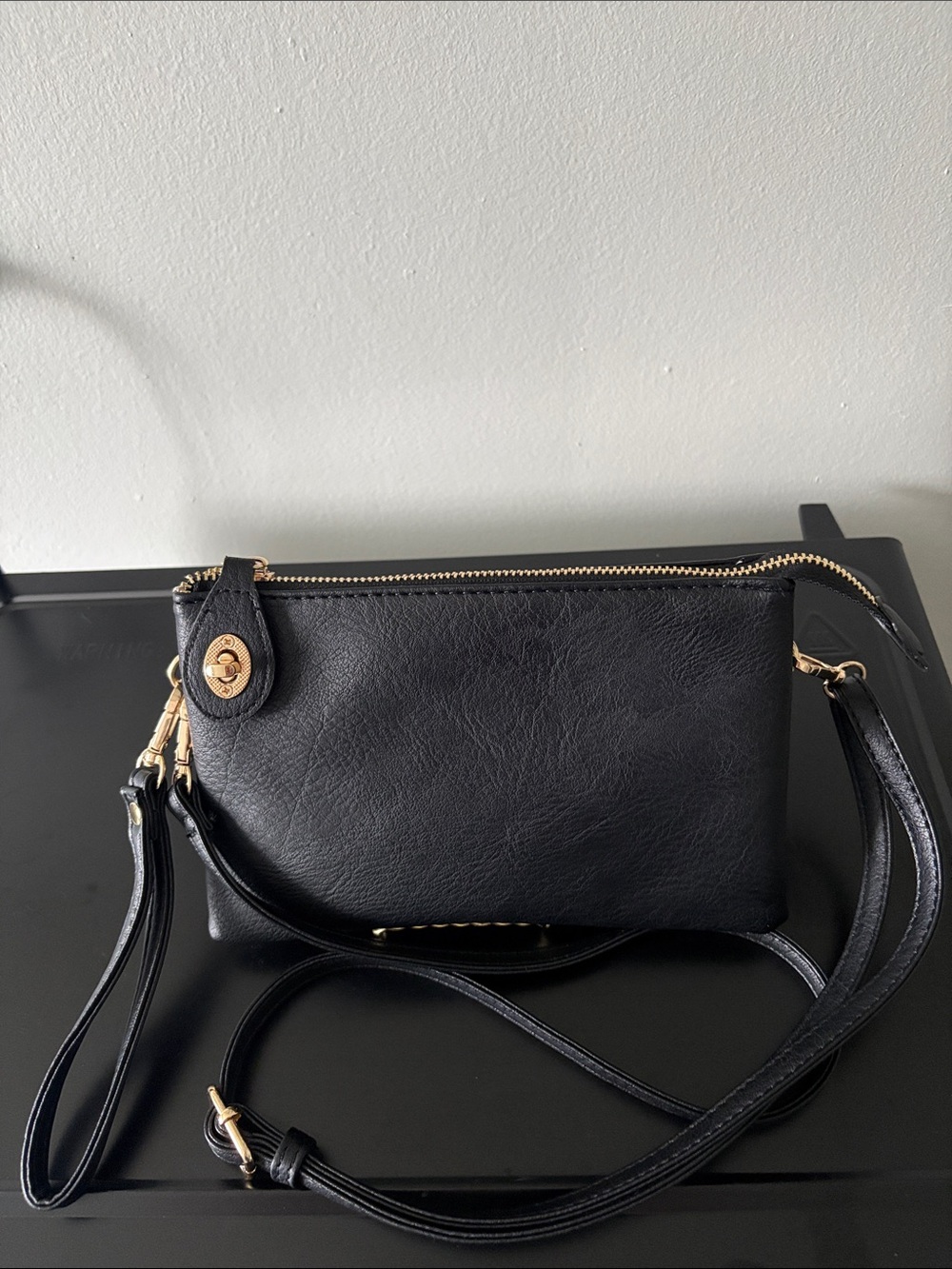 Isabelle Black Vegan Leather Wristlet Shoulder Strap Purse Bag - Like New